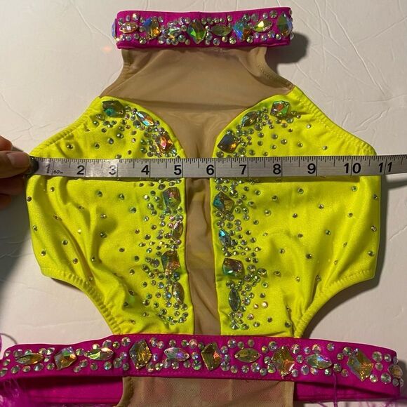 Glamour solo dance costume hot pink neon yellow Feather rhinestone bedazzled LC - Picture 7 of 15